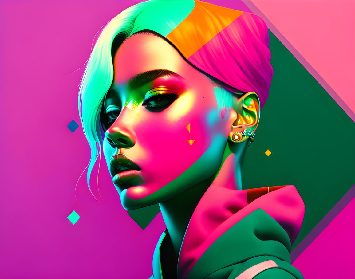 Colorful digital portrait of a woman in neon hues and geometric shapes on vibrant background