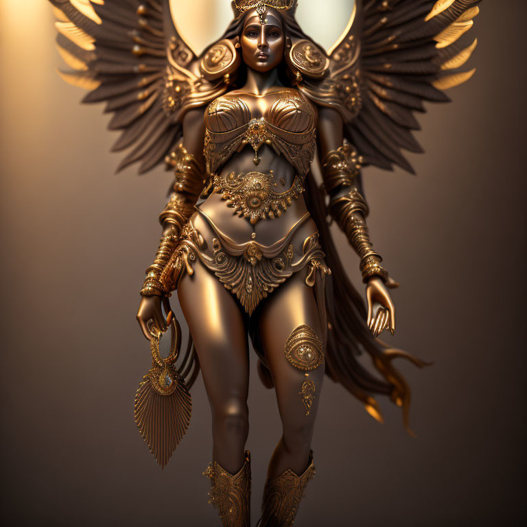 Golden winged figure in ornate armor with flowing hair exudes power.