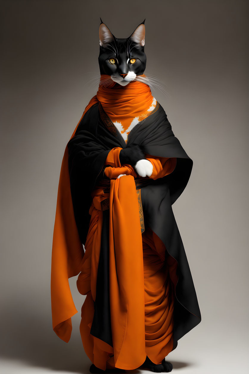 Stylized upright cat in elegant black and orange robes