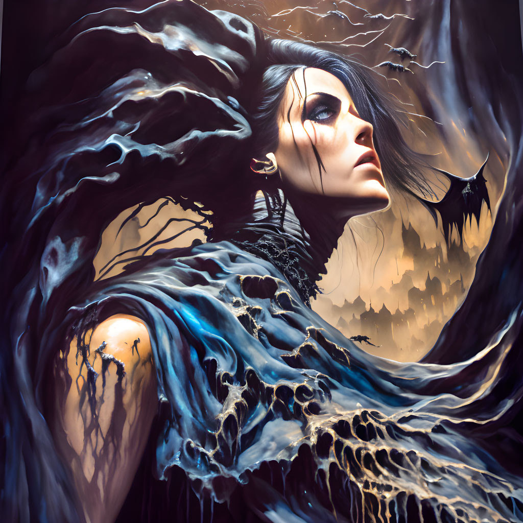 Digital artwork: Dark-haired woman in gothic attire against abstract landscape