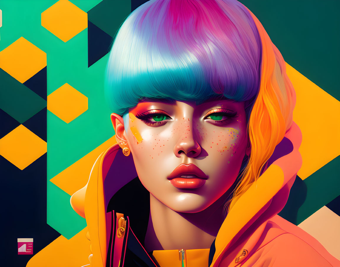 Vibrant digital illustration: Woman with blue and pink hair, yellow hoodie, against geometric backdrop