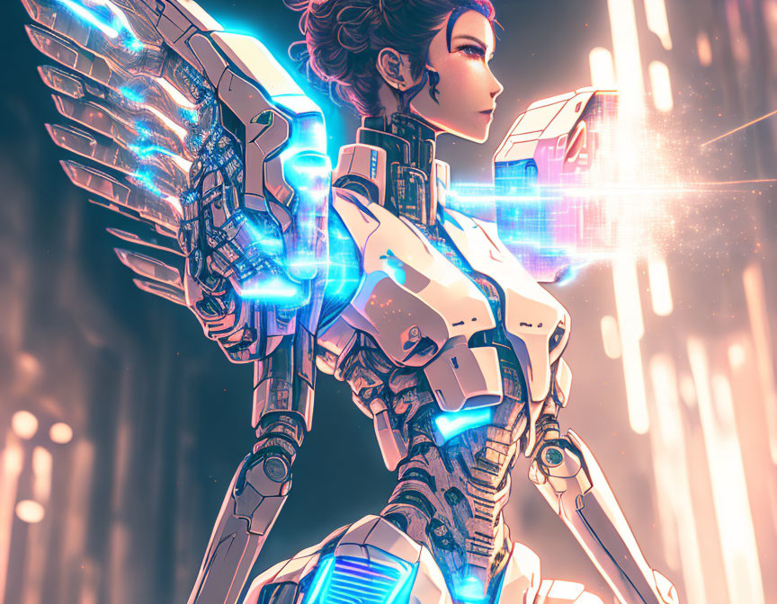 Futuristic female warrior with mechanized wings in glowing blue light