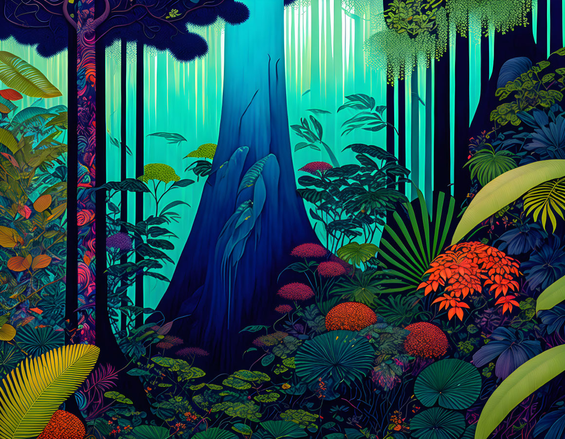 Colorful jungle scene with mystical blue waterfall