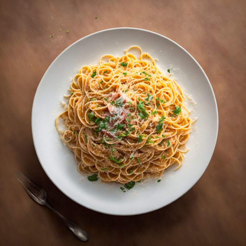 Plate of spaghetti with grated cheese and herbs on wooden table