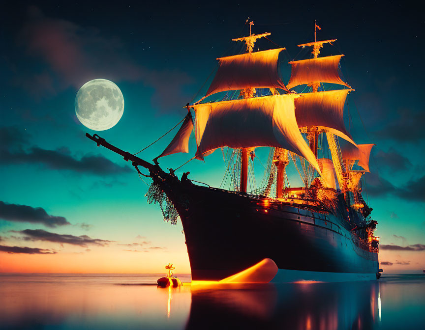 Vintage ship with illuminated sails on tranquil sea under full moon and colorful twilight sky