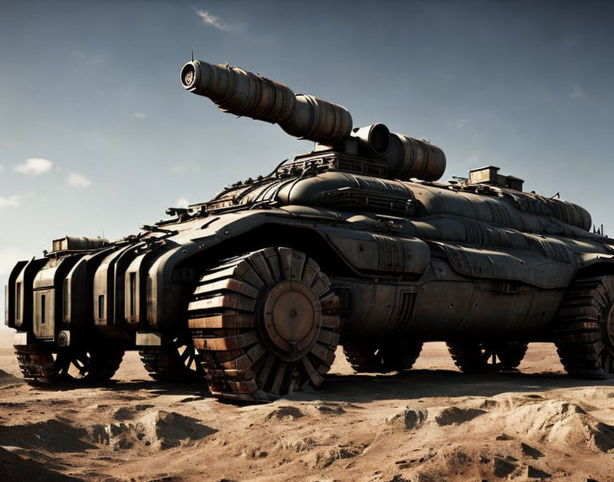 Armored vehicle with large tread wheels on barren sandy terrain