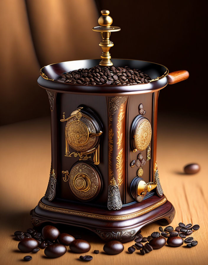 Vintage Brass Top Coffee Grinder with Coffee Beans on Wooden Background