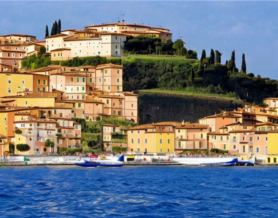 Coastal Village with Terracotta-Roofed Houses and Cypress Trees