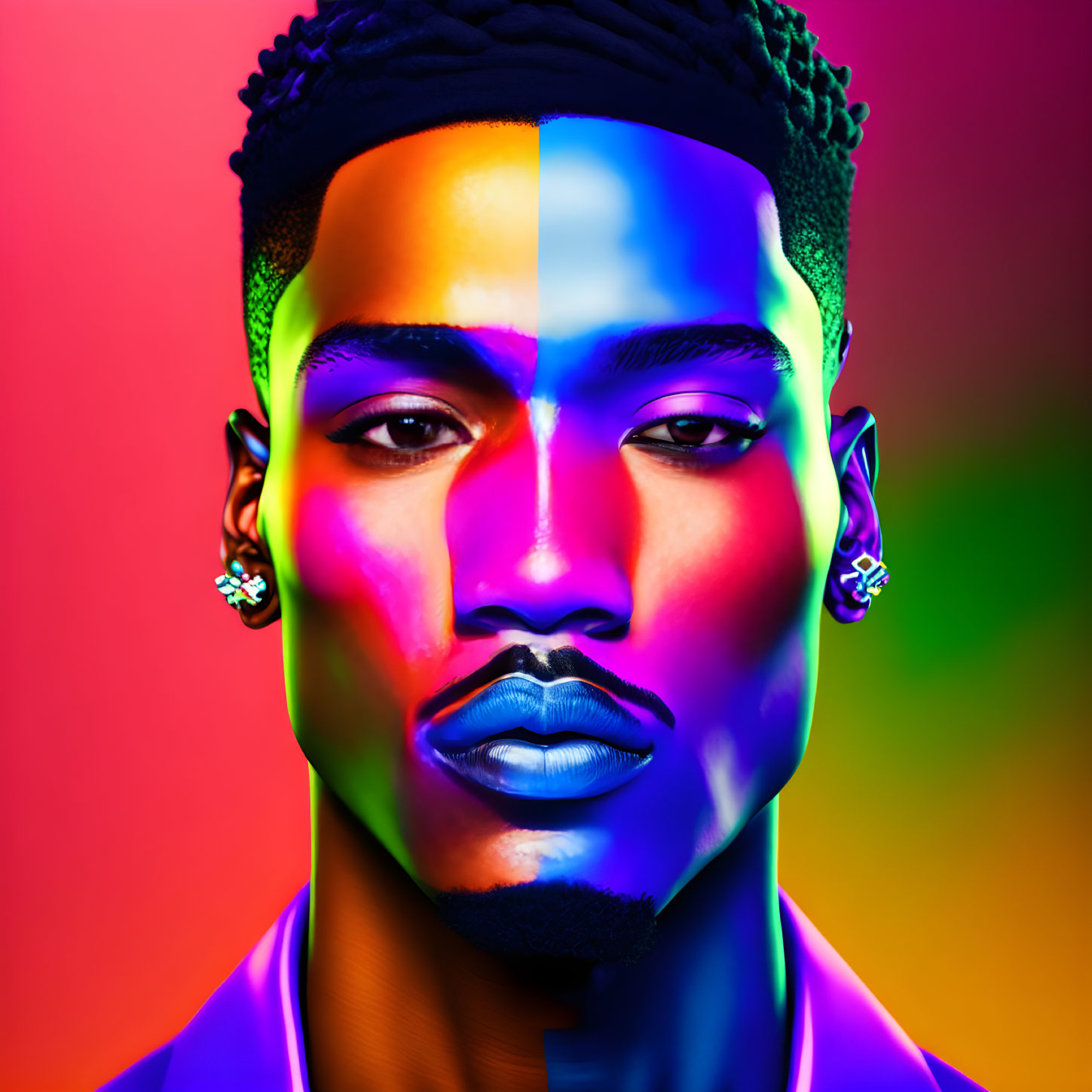 Colorful digital portrait of a man with painted face on gradient background