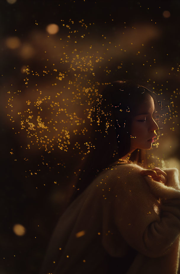 Woman in contemplative pose with glowing particles in warm setting