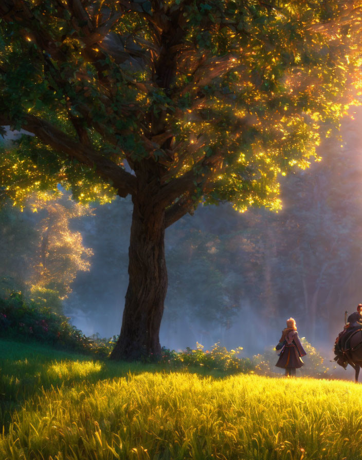 Person and horse under tree in golden sunlight amid misty forest.