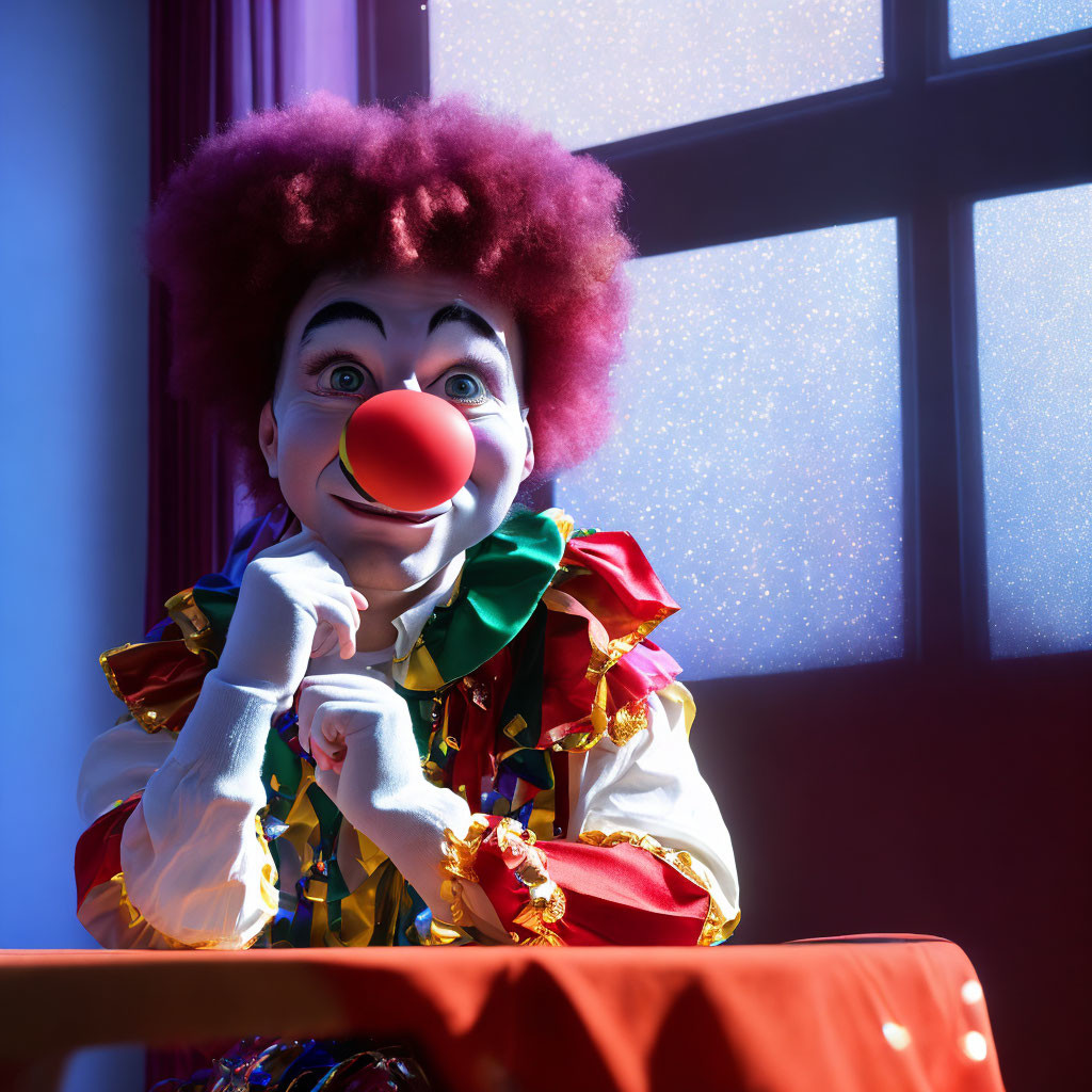 Colorful Clown with Red Nose and Curly Hair Sitting by Window in Purple Light