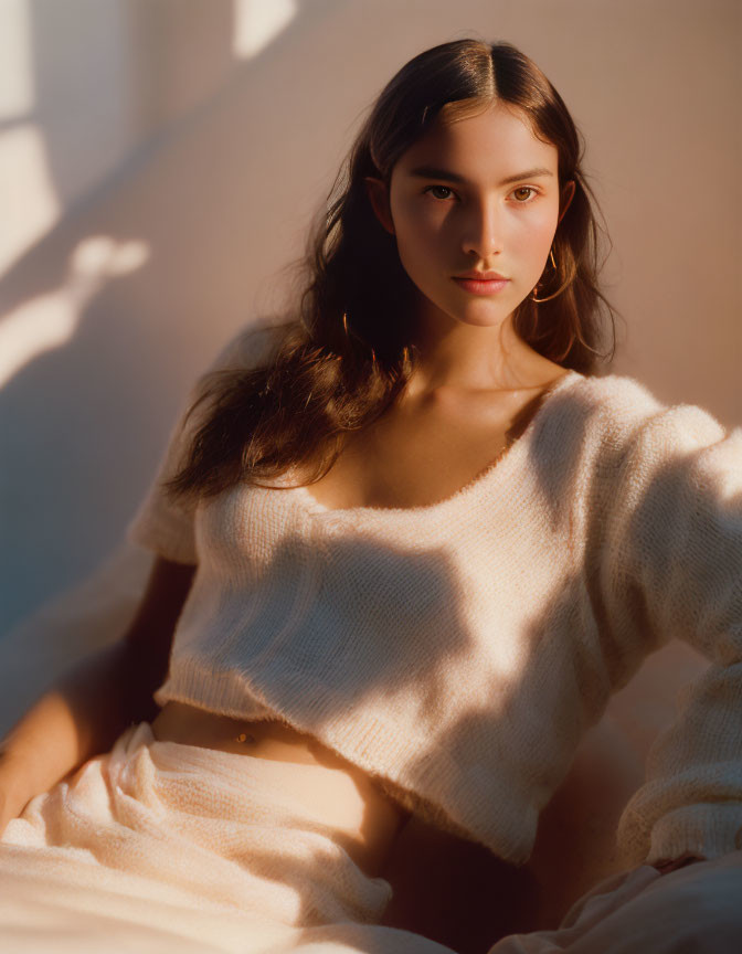 Woman in White Knit Sweater Sitting in Soft Sunlight