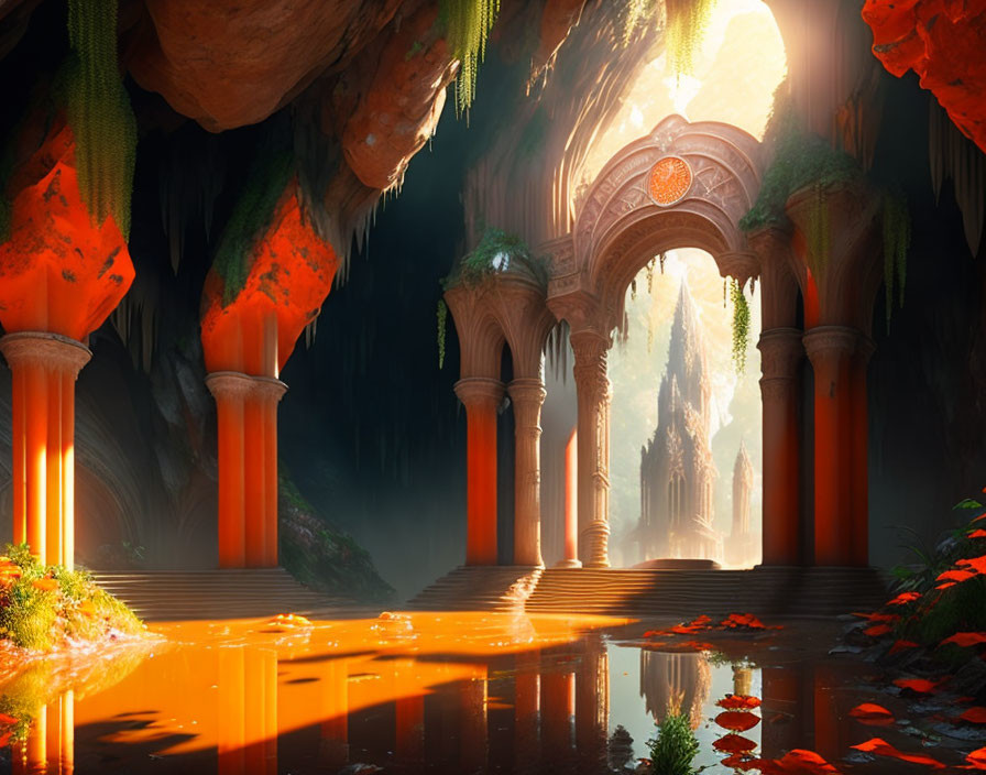 Ethereal cave with luminous water, towering pillars, and glowing foliage