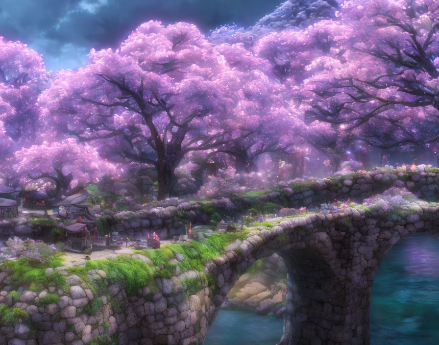 Tranquil stone bridge over river with pink cherry blossoms