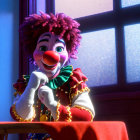 Colorful Clown with Red Nose and Curly Hair Sitting by Window in Purple Light