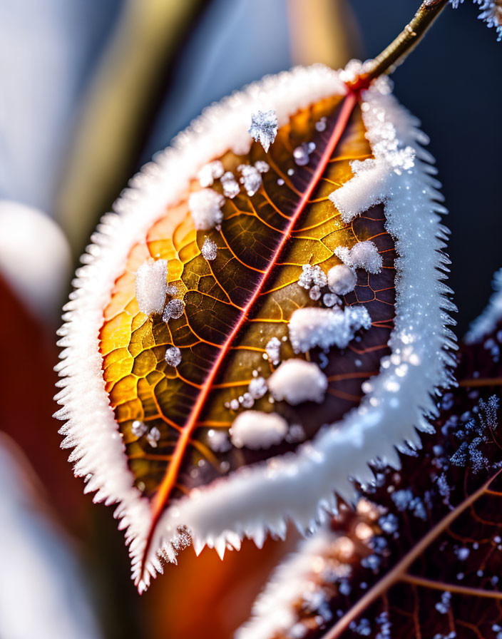 Detailed Frost-Covered Leaf with Snowflakes on Blurred Background