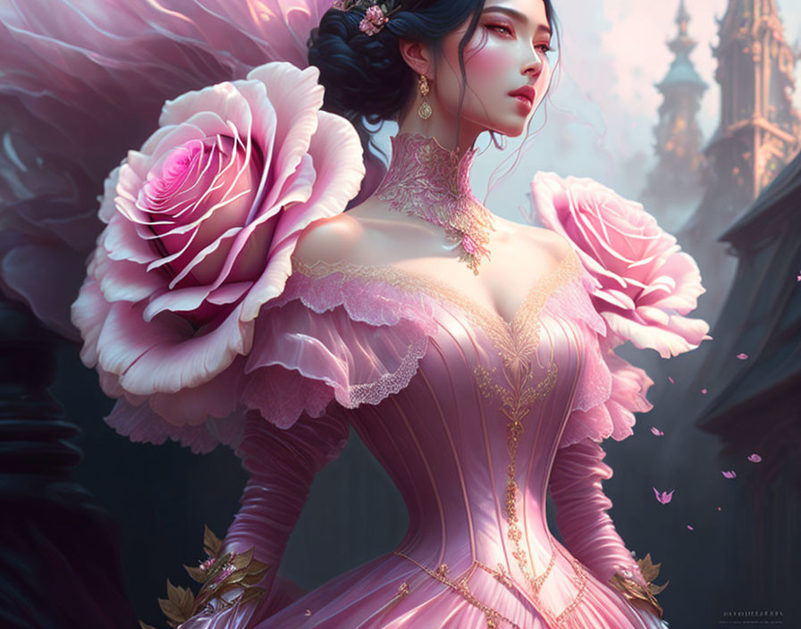 Illustrated woman in dramatic rose-adorned gown and ornate hairstyle against fantastical backdrop