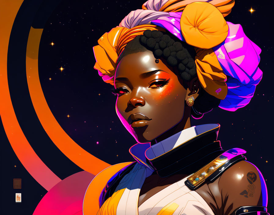 Digital portrait of woman with vibrant headscarf and futuristic clothing against cosmic backdrop.