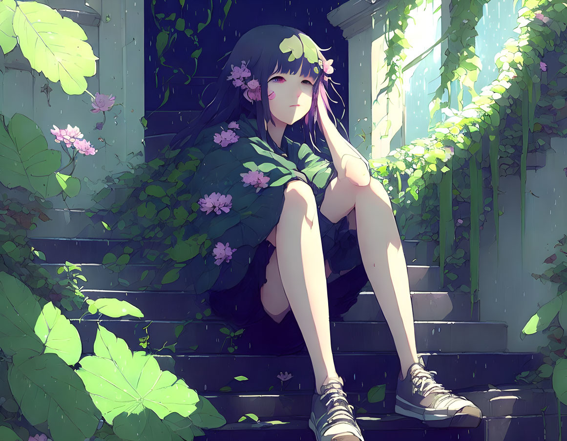 Tranquil anime-style girl on sunlit steps surrounded by green foliage and purple flowers