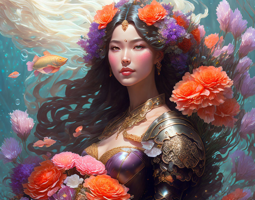 Ethereal Woman with Flowing Hair, Flowers, Fish, and Ornate Armor