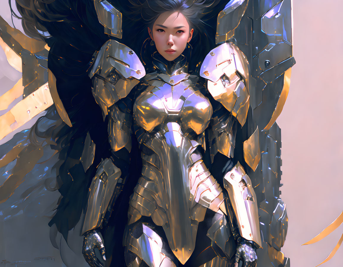 Fair-skinned person in glowing armor on light background