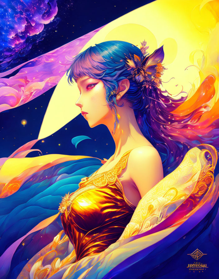 Vibrant digital fantasy art of a woman with blue hair in a golden dress