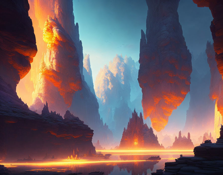 Ethereal landscape with towering orange rock formations