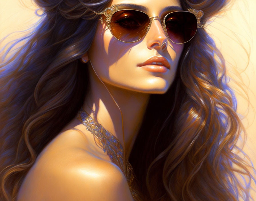 Digital portrait of woman with flowing hair and sunglasses.