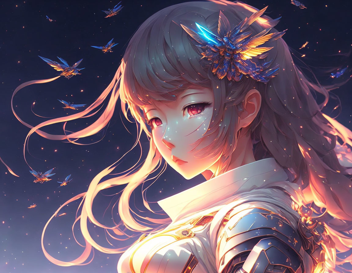 Illustrated girl with flowing hair and blue feather, surrounded by glowing butterflies in twilight.