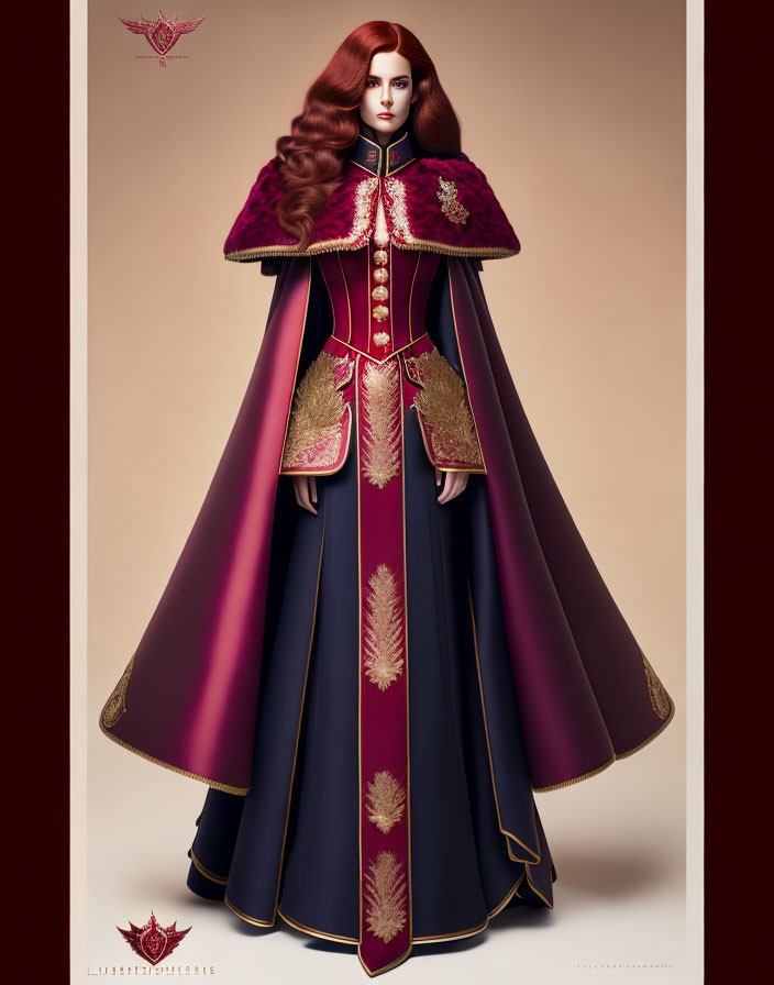 Detailed illustration of person with long red hair in ornate burgundy and navy cloak with gold and red