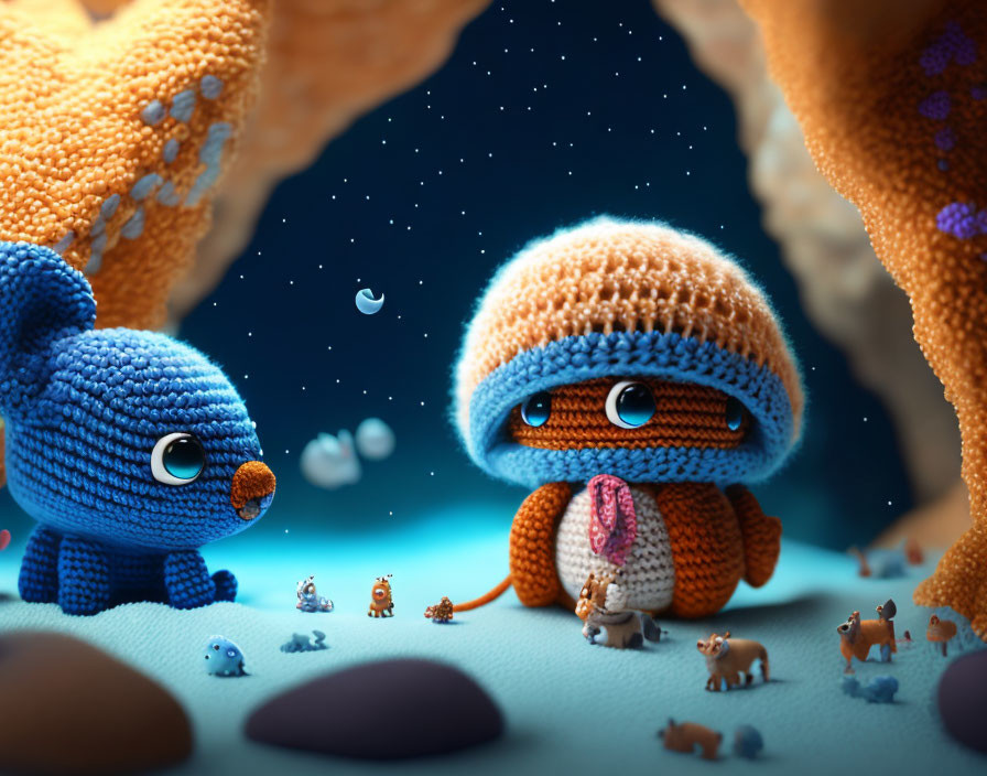 Knitted creatures in whimsical landscape with starry sky