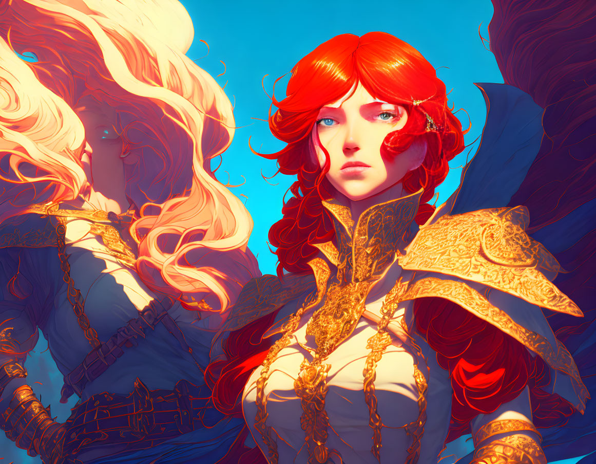 Illustrated female warrior with red hair and golden armor on blue background