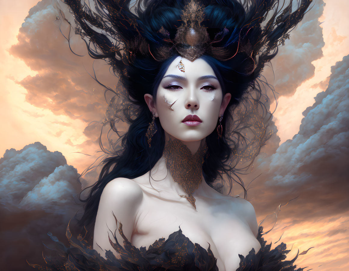Ethereal fantasy portrait of woman with ornate headpiece and neck tattoo