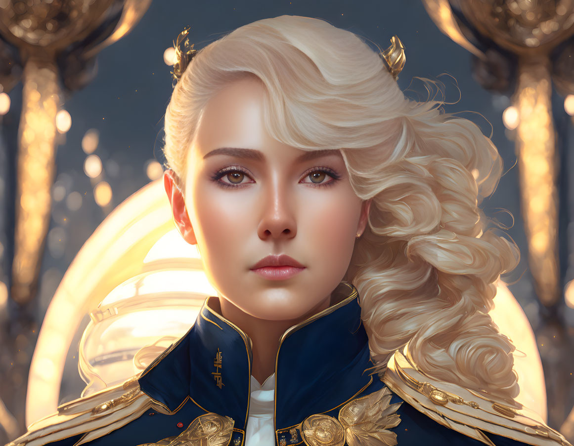 Blond woman in blue and gold uniform against golden orbs