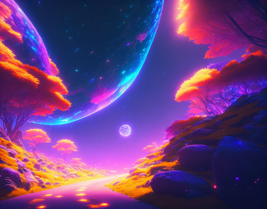 Twilight alien landscape with glowing flora and two celestial bodies