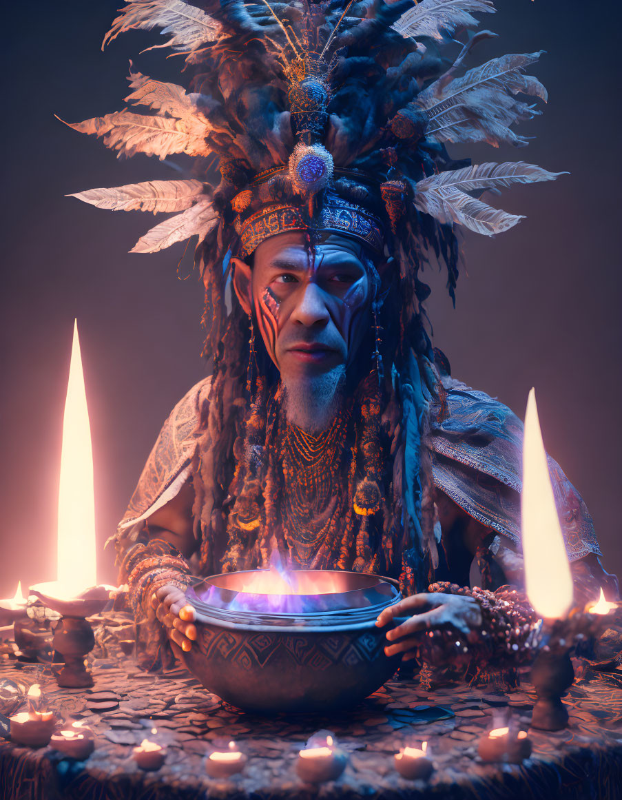 Person in tribal attire with glowing bowl and candles on dark background