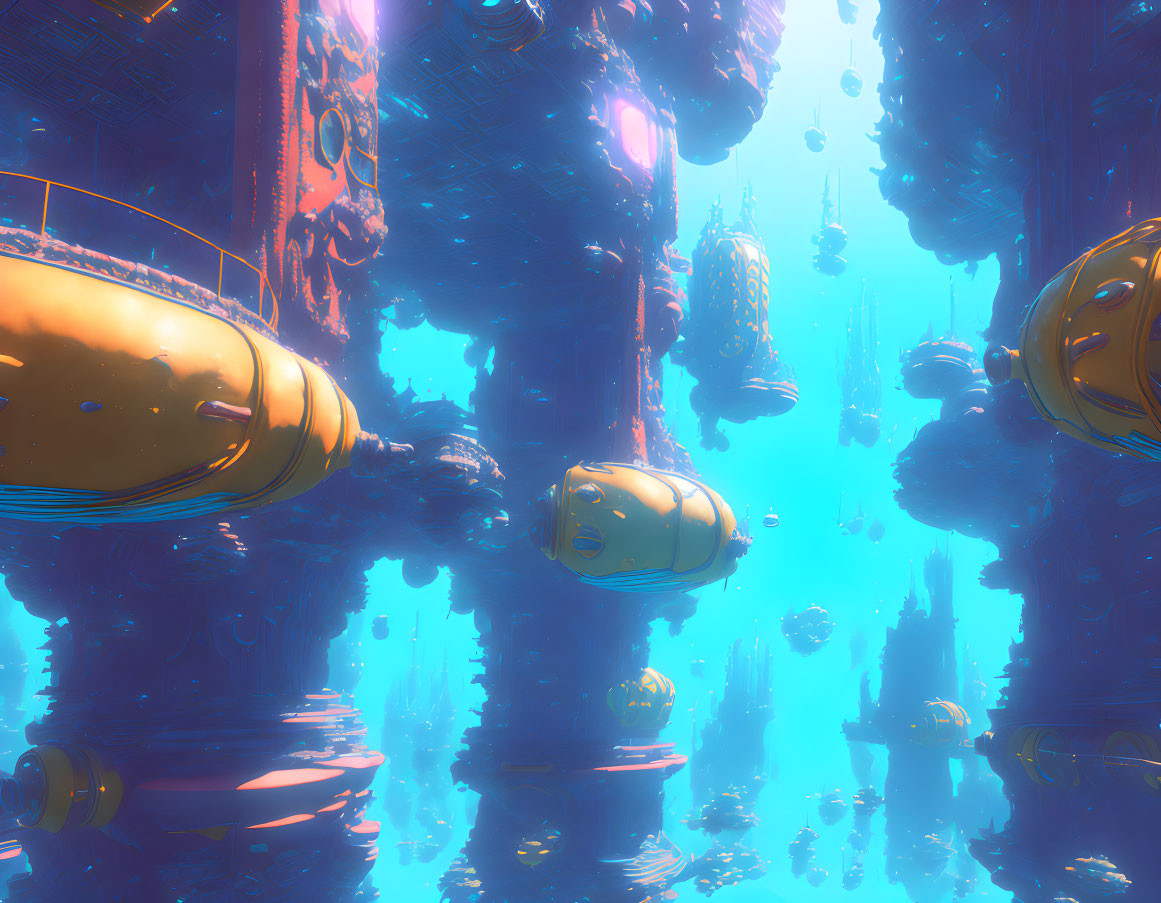 Futuristic underwater scene with floating capsules and vertical structures