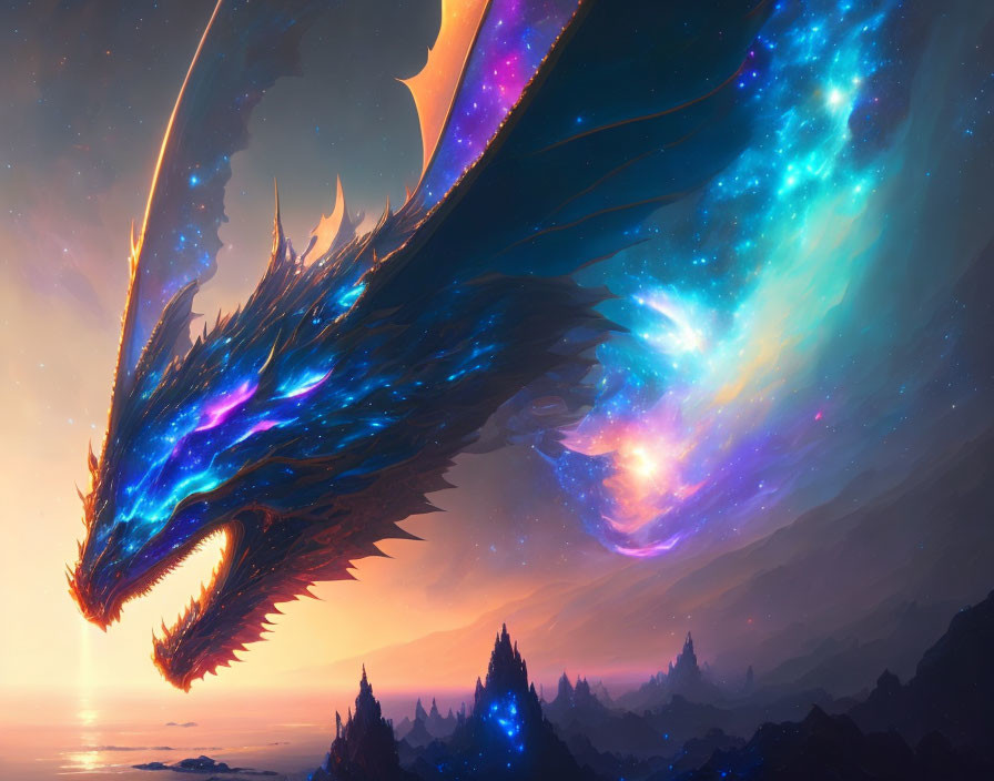 Majestic glowing dragon against celestial backdrop