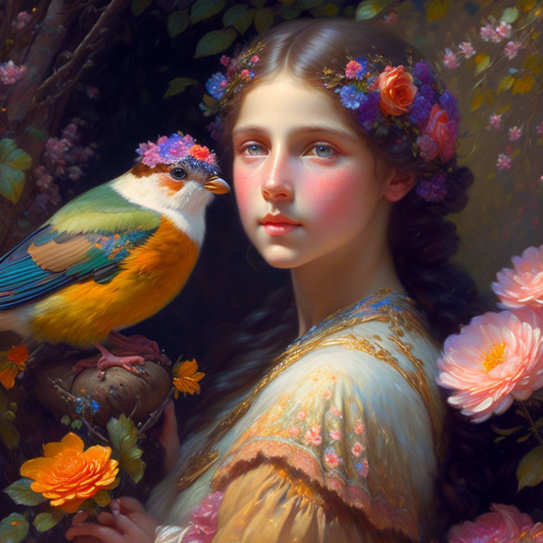 Serene young woman with flowers in hair and colorful bird on fingers in floral setting