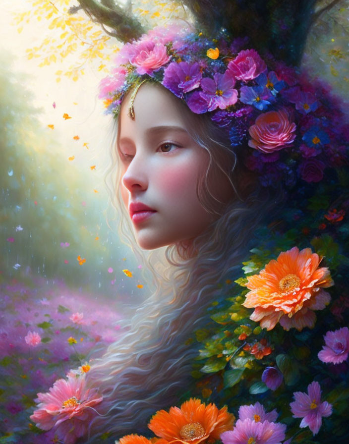 Portrait of woman with long wavy hair and vibrant flowers in magical floral setting