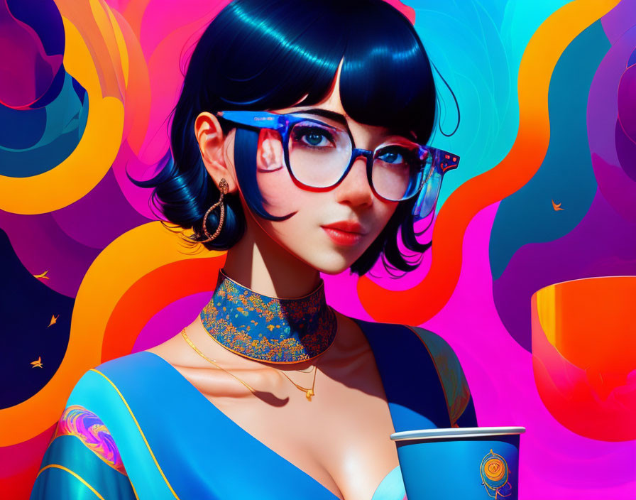 Vibrant digital portrait: woman with blue hair and glasses on colorful background