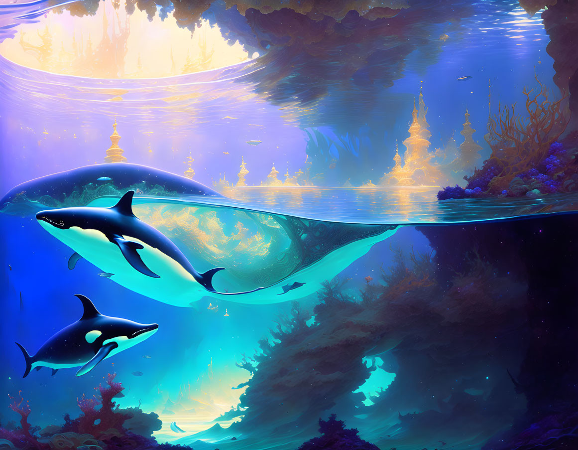 Surreal underwater scene with orcas and golden spires mirrored in ocean surface