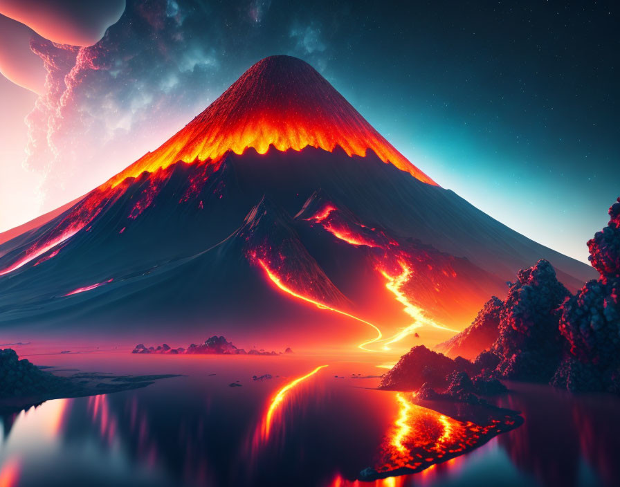 Erupting volcano at night with lava flowing into lake