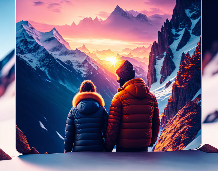 Two Individuals in Winter Jackets Watching Sunset Over Snow-Capped Mountains