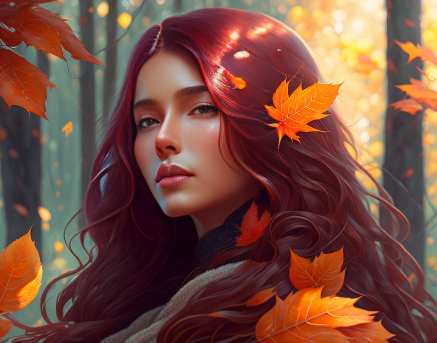 Digital Artwork: Woman with Red Hair in Autumn Scene