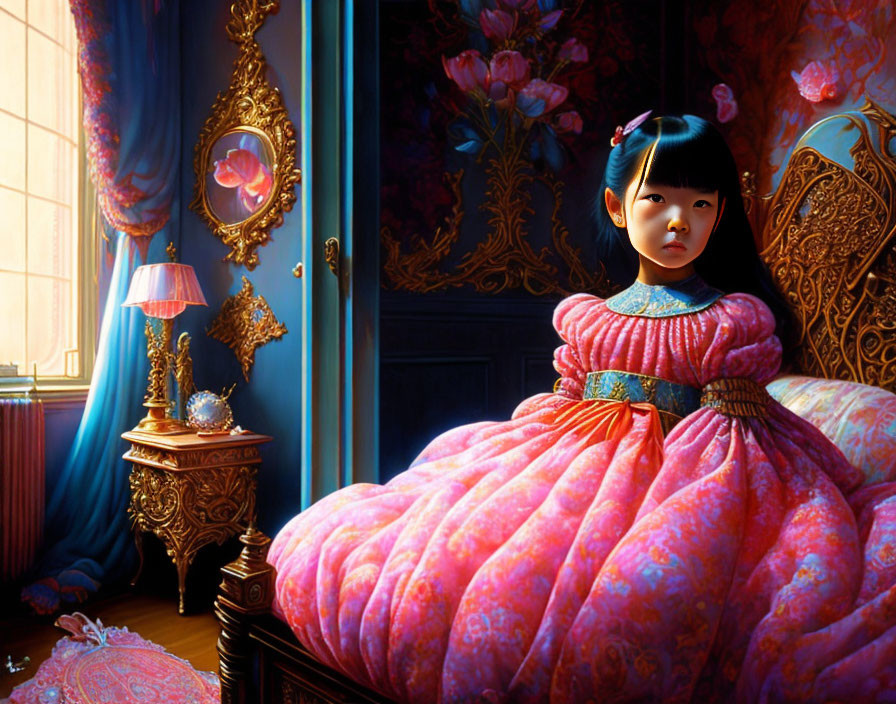 Young girl in pink gown in ornate room with blue drapes and floral wall pattern.