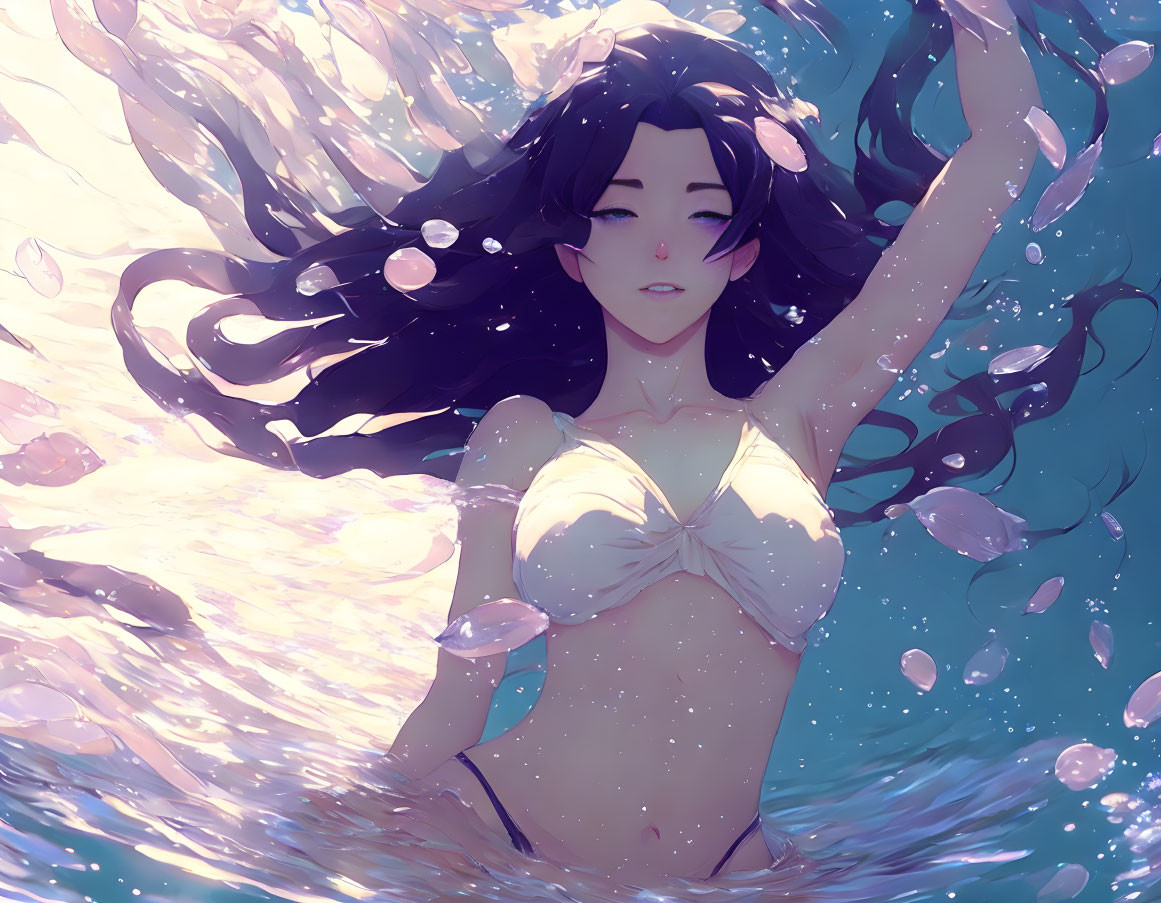 Illustration of woman in white bikini floating in water with pink petals.