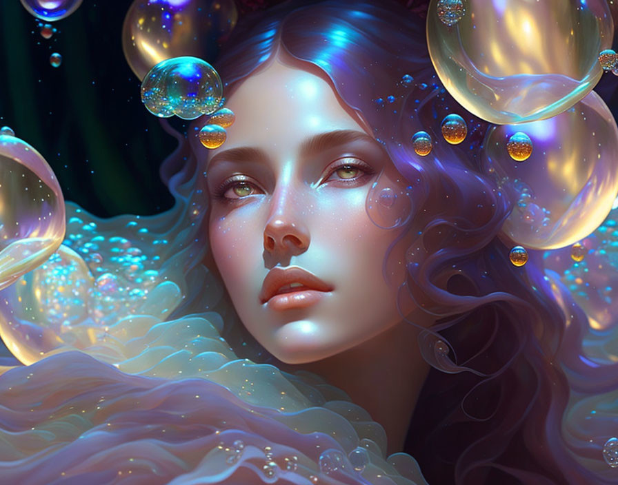 Fantasy digital artwork of luminescent female in underwater setting