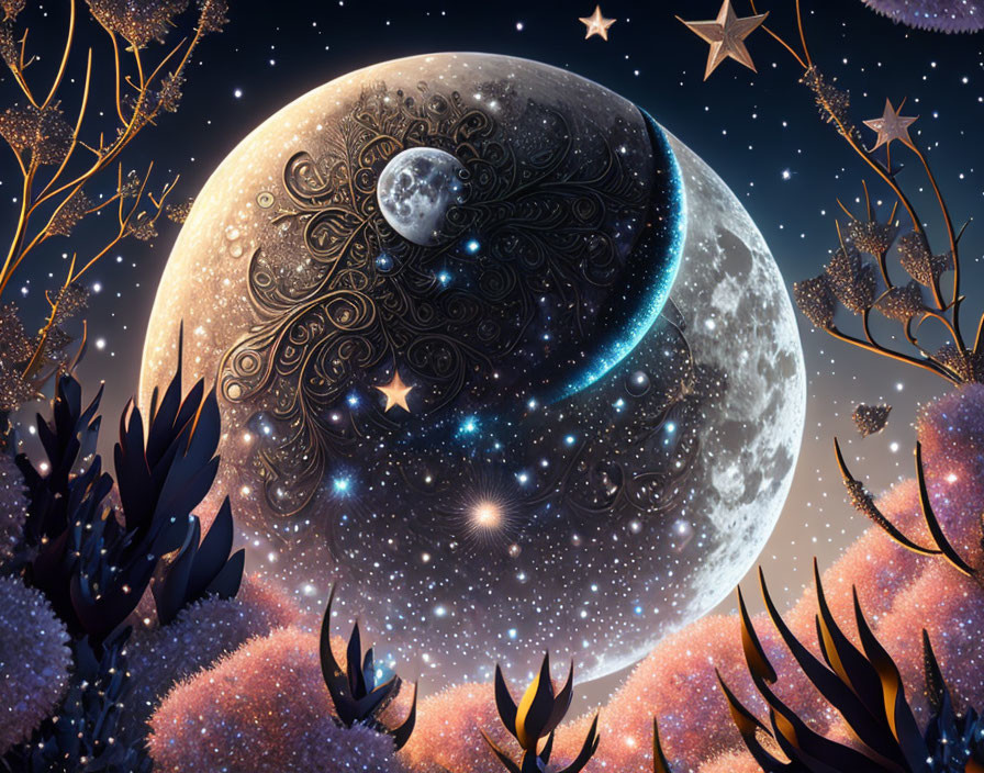 Stylized crescent and full moons with stars in whimsical night scene